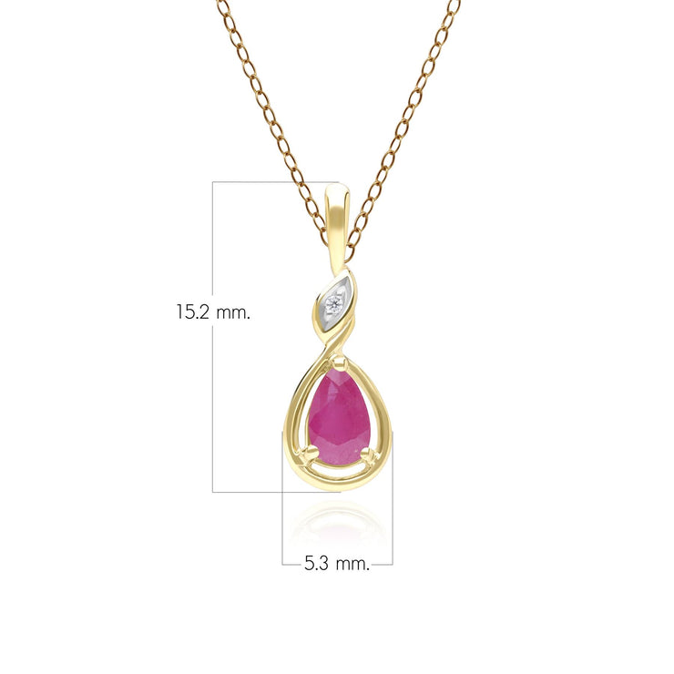 Collana classica con ciondolo a forma di pera in oro giallo 9 carati, rubini e diamanti