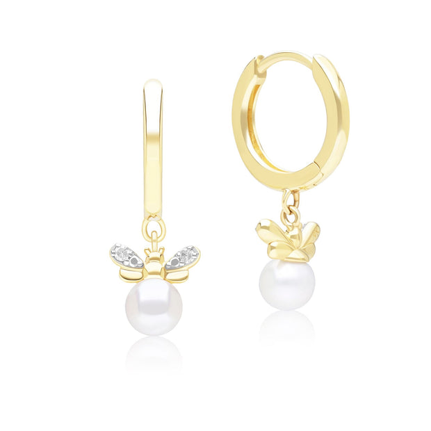 Orecchini a cerchio con ape in stile nido d'ape in oro giallo da 9 ct con perla e diamante