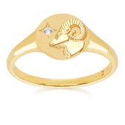 Anello con sigillo dello zodiaco Ariete in oro giallo da 9 ct con un diamante