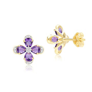 Boucles d'Oreilles Clou Floral avec Améthyste & Diamant en Or Jaune 9ct