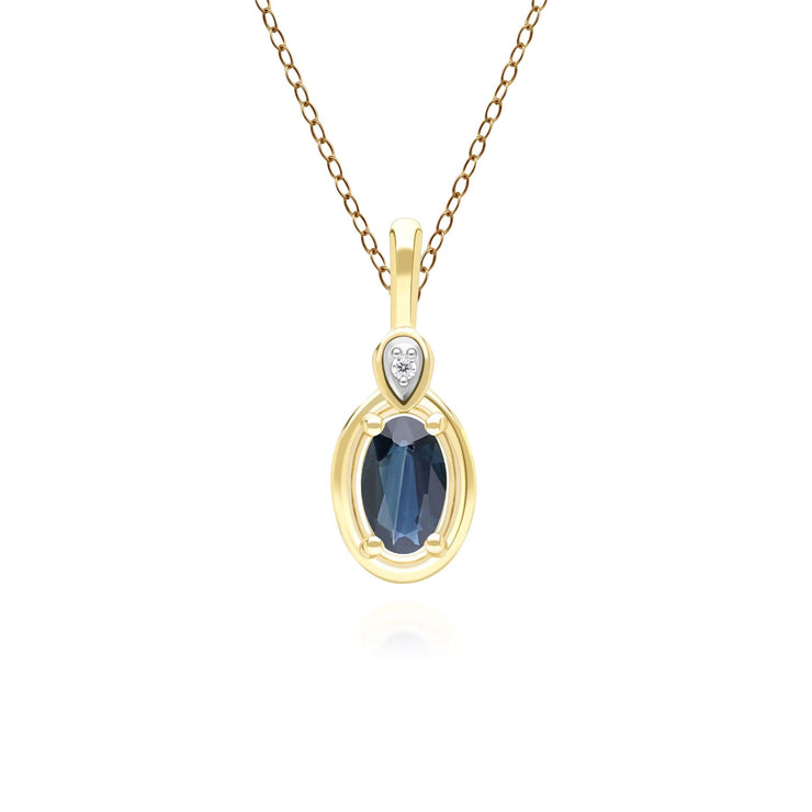Collana classica con ciondolo in oro giallo 9 carati con zaffiro ovale e diamanti rotondi