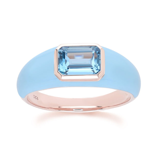 Anello Siberian Waltz in smalto blu e topazio azzurro cielo ottagonale in vermeil oro rosa