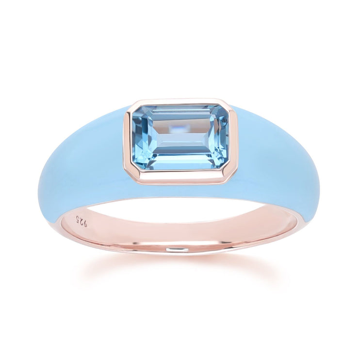 Anello Siberian Waltz in smalto blu e topazio azzurro cielo ottagonale in vermeil oro rosa