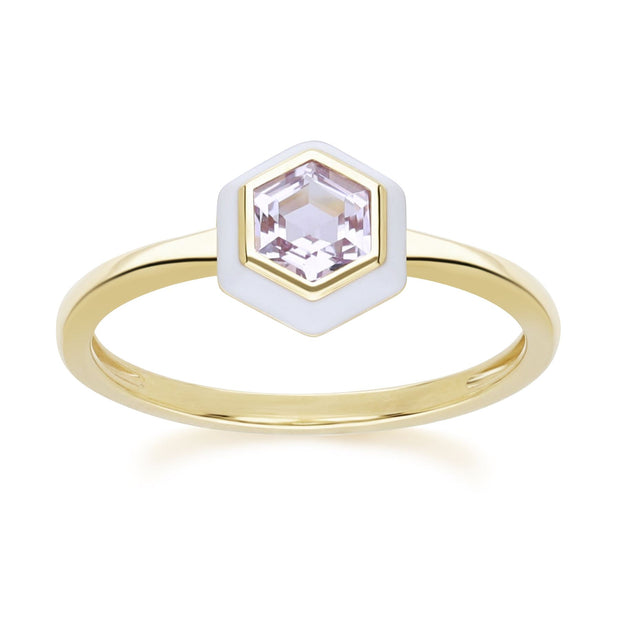 Anello Hex geometrico con ametista rosa e smalto bianco in argento sterling placcato oro fino