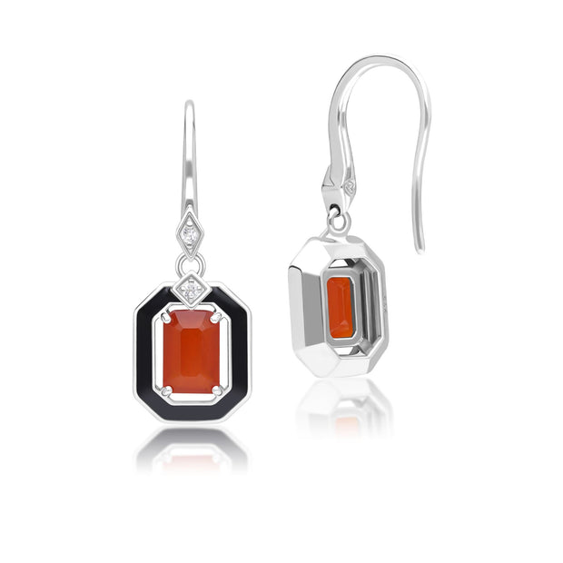 Boucles d'oreilles pendantes Grand Deco en argent sterling, émail noir, cornaline et topaze