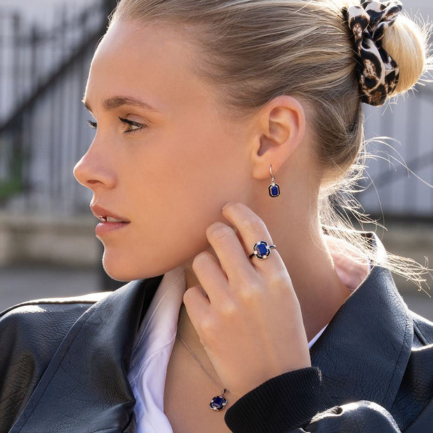 Boucles d'oreilles pendantes Grand Deco en argent sterling, émail noir, lapis-lazuli et topaze
