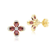 Boucles d'Oreilles Clou Floral avec Grenat & Diamant en Or Jaune 9ct