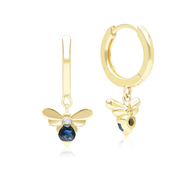 Orecchini a cerchio con ape in stile nido d'ape in oro giallo da 9 ct con zaffiro blu e diamante