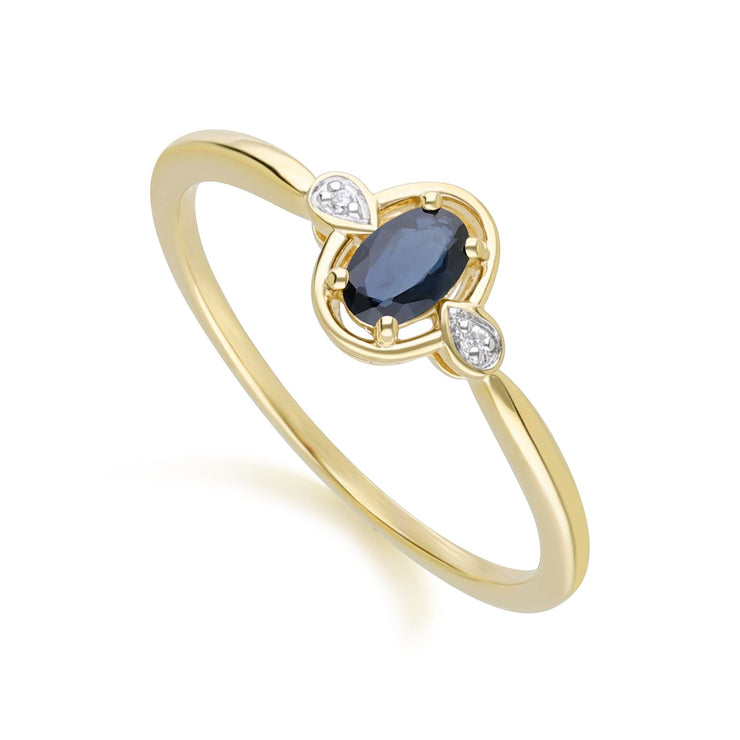 Anello classico in oro giallo 9 carati con zaffiro ovale e diamanti rotondi
