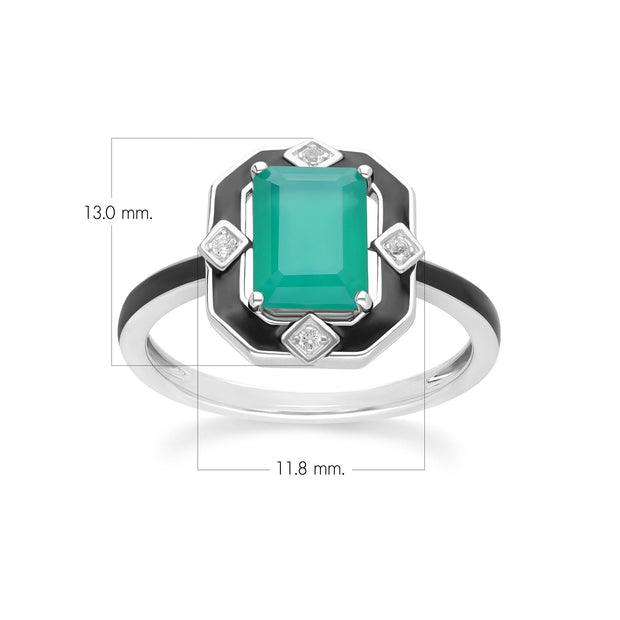 Bague Grand Deco en argent sterling, émail noir, calcédoine verte et topaze