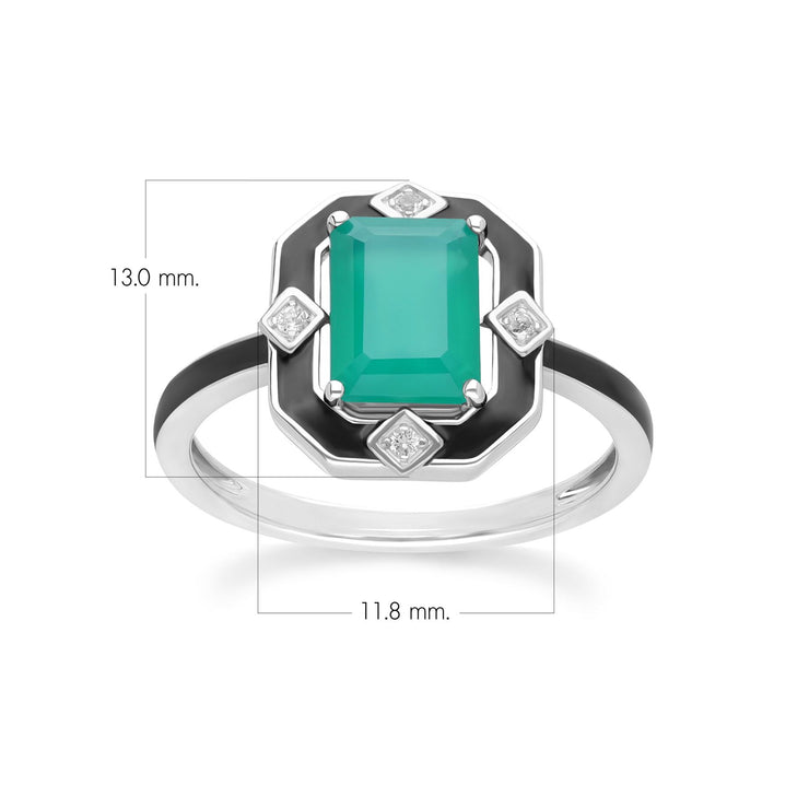 Bague Grand Deco en argent sterling, émail noir, calcédoine verte et topaze
