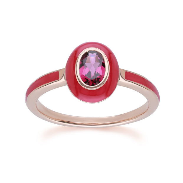 Anello Valzer siberiano in smalto rosa e rodolite ovale in argento sterling placcato oro rosa