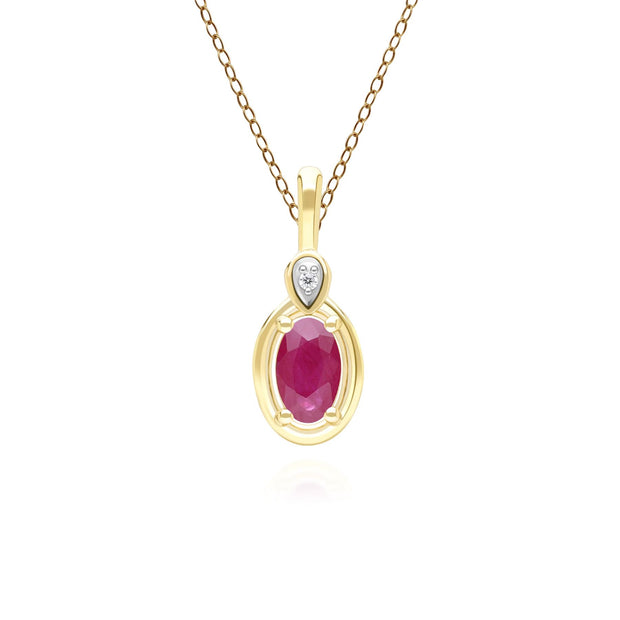 Collana classica con ciondolo in oro giallo 9 carati con rubino ovale e diamanti rotondi