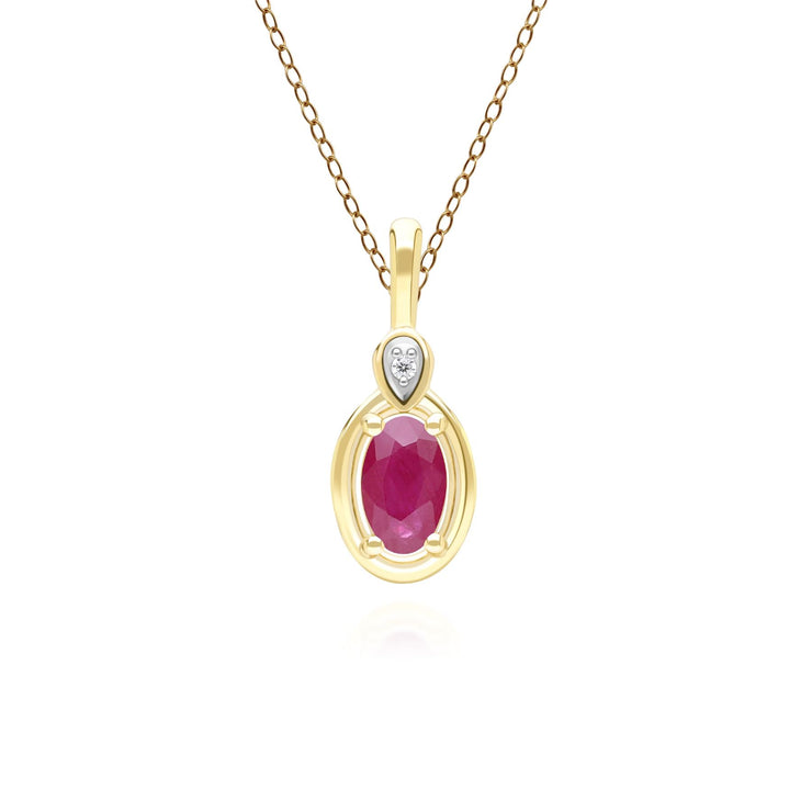Collana classica con ciondolo in oro giallo 9 carati con rubino ovale e diamanti rotondi