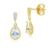 Boucles d'oreilles pendantes classiques en or jaune 9 carats avec aigue-marine et diamants