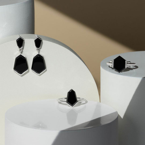 Bague Grand Deco Hexagone Onyx Noir en Argent Sterling