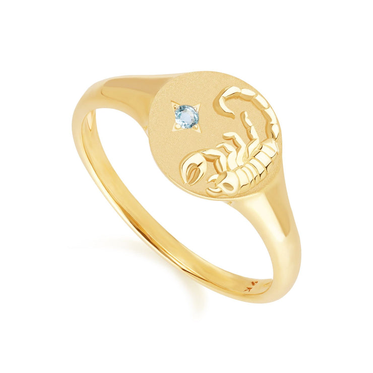 Anello con sigillo dello zodiaco Scorpione in oro giallo da 9 ct con topazio azzurro svizzero