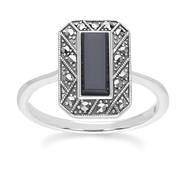 Anello rettangolare in stile Art Déco in argento sterling con onice e marcasite