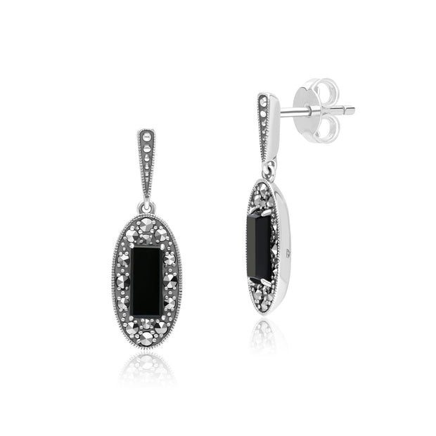 Orecchini pendenti ovali in stile Art Déco in argento sterling con onice e marcasite