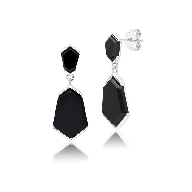 Boucles d'oreilles pendantes Grand Deco Hexagon en onyx noir en argent sterling
