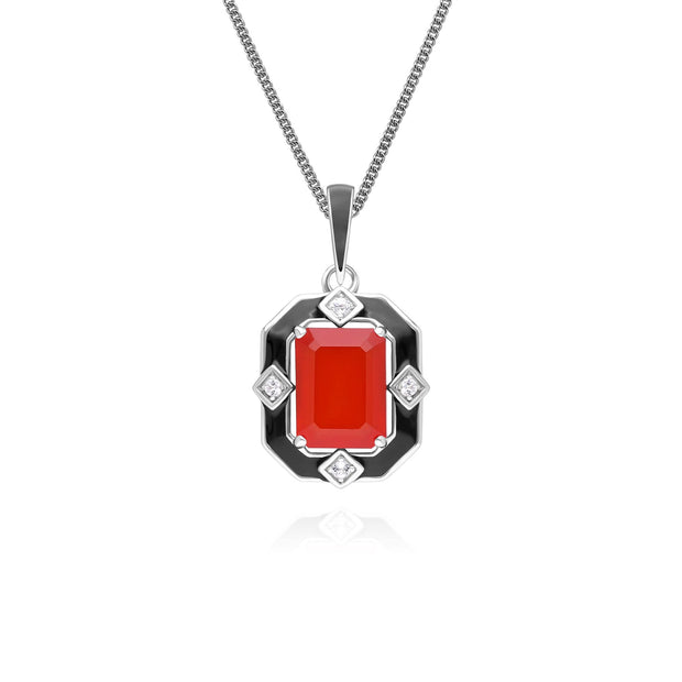 Collier Grand Deco en argent sterling avec pendentif en émail noir, cornaline et topaze