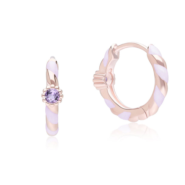 Orecchini Cerchio Valzer Siberiano in argento sterling placcato oro rosa pregiato con smalto viola e ametista rosa