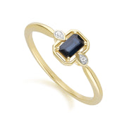 Anello classico in oro giallo 9 carati con zaffiri baguette e diamanti