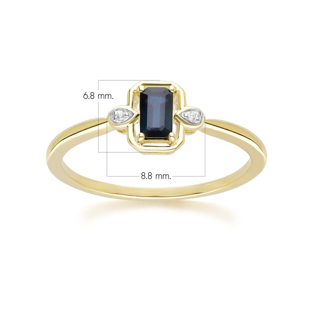Anello classico in oro giallo 9 carati con zaffiri baguette e diamanti