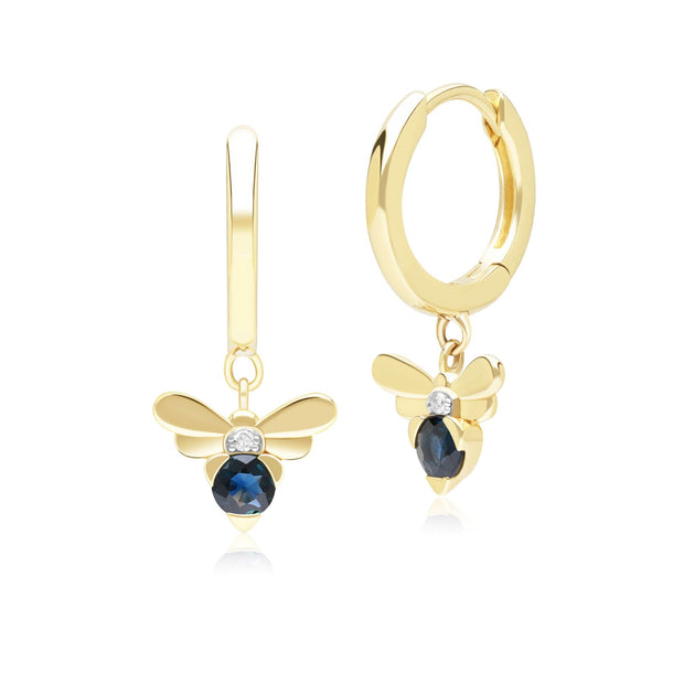 Orecchini a cerchio con ape in stile nido d'ape in oro giallo da 9 ct con zaffiro blu e diamante