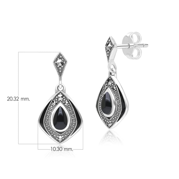 Orecchini pendenti con diamanti in stile Art Déco in argento sterling con onice e marcasite