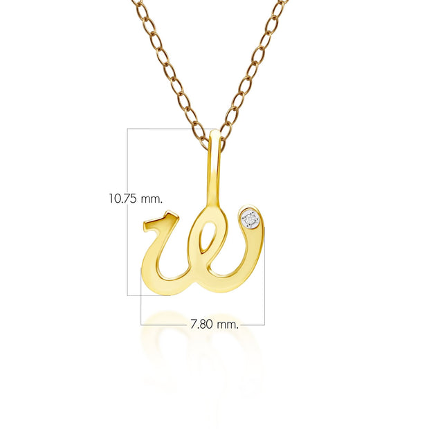 Ciondolo con lettera W dell'alfabeto in oro giallo da 9 ct con diamante