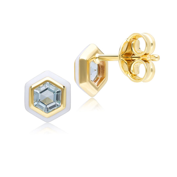 Orecchini a lobo geometrici Hex con topazio blu e smalto bianco in argento sterling placcato oro fino