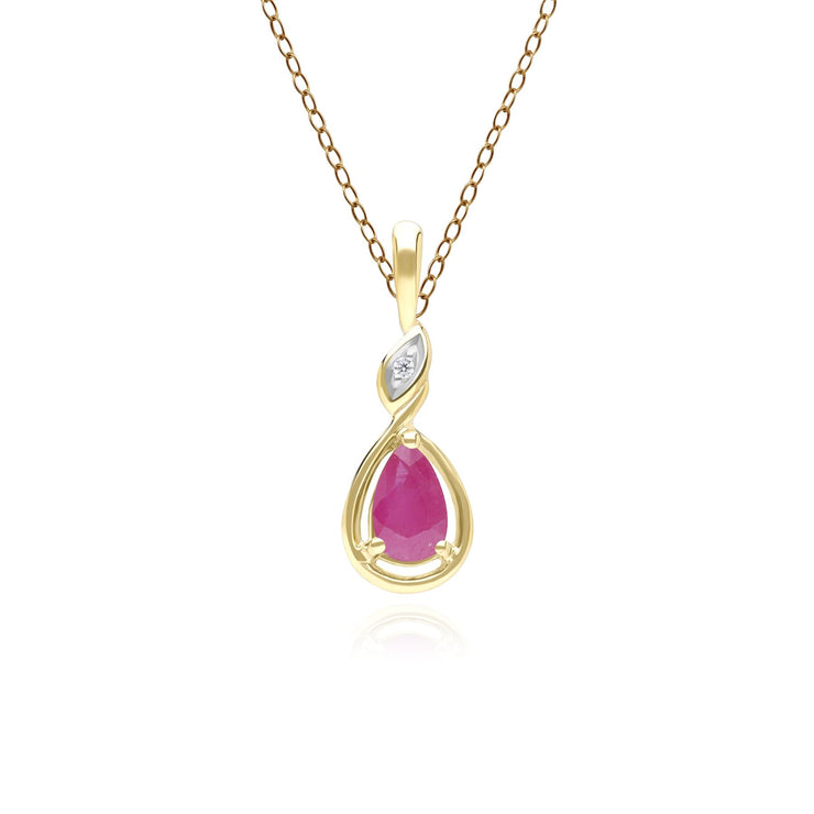 Collana classica con ciondolo a forma di pera in oro giallo 9 carati, rubini e diamanti