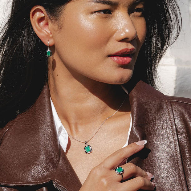 Bague Grand Deco en argent sterling, émail noir, calcédoine verte et topaze