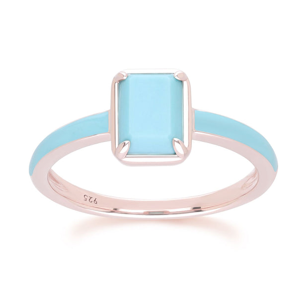 Anello ottagonale in smalto blu e turchese Siberian Waltz in vermeil oro rosa