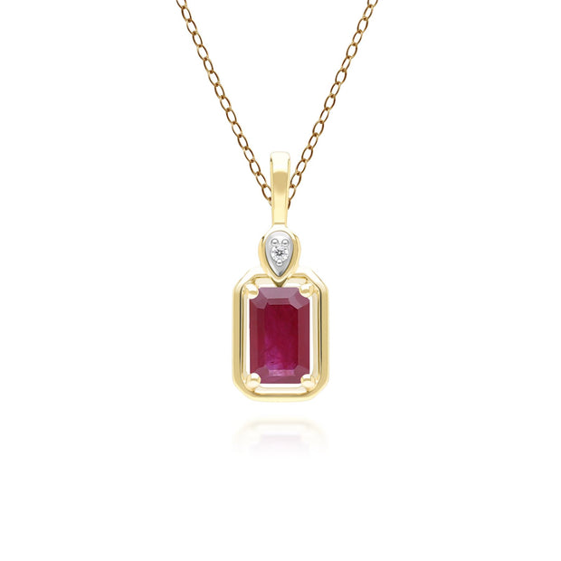 Collana classica in oro giallo 9 carati con ciondolo a baguette, rubini e diamanti