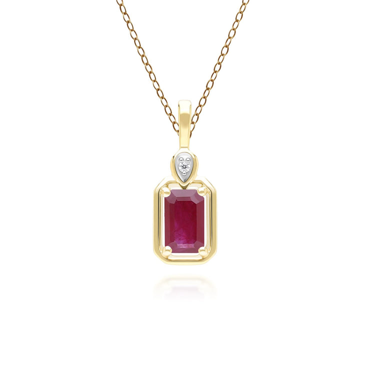 Collana classica in oro giallo 9 carati con ciondolo a baguette, rubini e diamanti