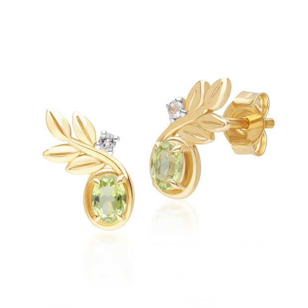 Orecchini a lobo O Leaf in oro giallo da 9 ct con peridoto e diamante