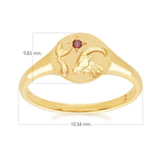 Anello con sigillo dello zodiaco Capricorno in oro giallo da 9 ct con granato