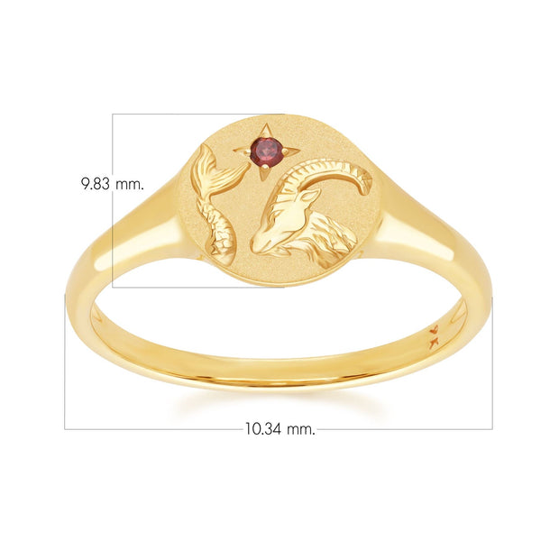 Anello con sigillo dello zodiaco Capricorno in oro giallo da 9 ct con granato