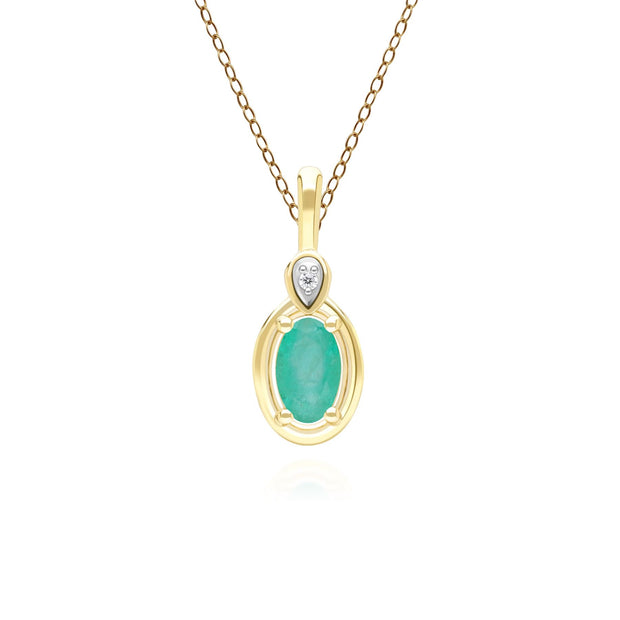 Collana classica con ciondolo in oro giallo 9 carati con smeraldo ovale e diamanti rotondi