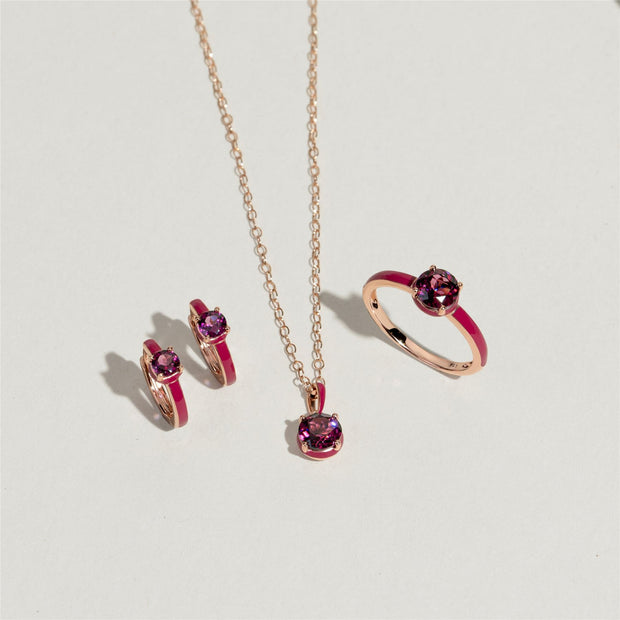 Ciondolo Valzer Siberiano in smalto rosa e rodolite rotonda in vermeil oro rosa