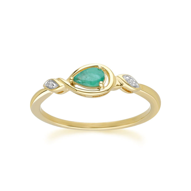 Anello classico in oro giallo 9 carati con smeraldo a forma di goccia e diamanti