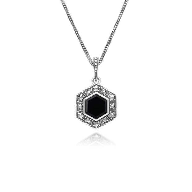 Ciondolo in stile Art Déco in argento sterling 925 con onice esagonale e marcasite