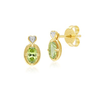 Boucles d'oreilles clou en forme de cœur avec péridot ovale et diamants classiques en or jaune 9 carats