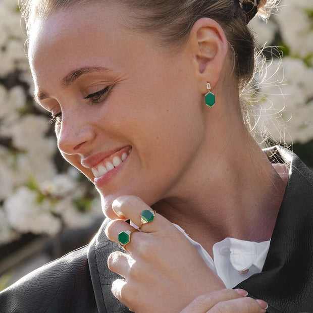 Boucles d'oreilles pendantes Grand Deco hexagonales en calcédoine et topaze en vermeil doré