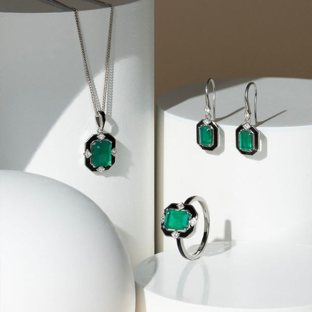 Bague Grand Deco en argent sterling, émail noir, calcédoine verte et topaze