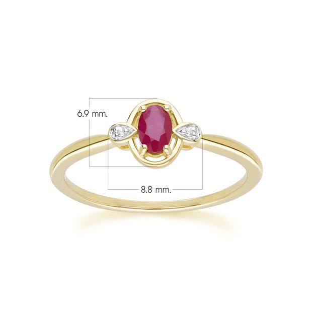 Anello classico in oro giallo 9 carati con rubino ovale e diamanti rotondi