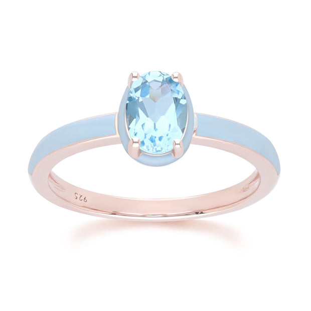 Anello in smalto blu Siberian Waltz e topazio blu ovale in oro rosa vermeil