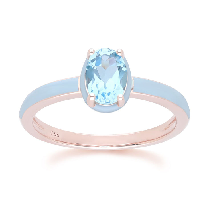 Anello in smalto blu Siberian Waltz e topazio blu ovale in oro rosa vermeil